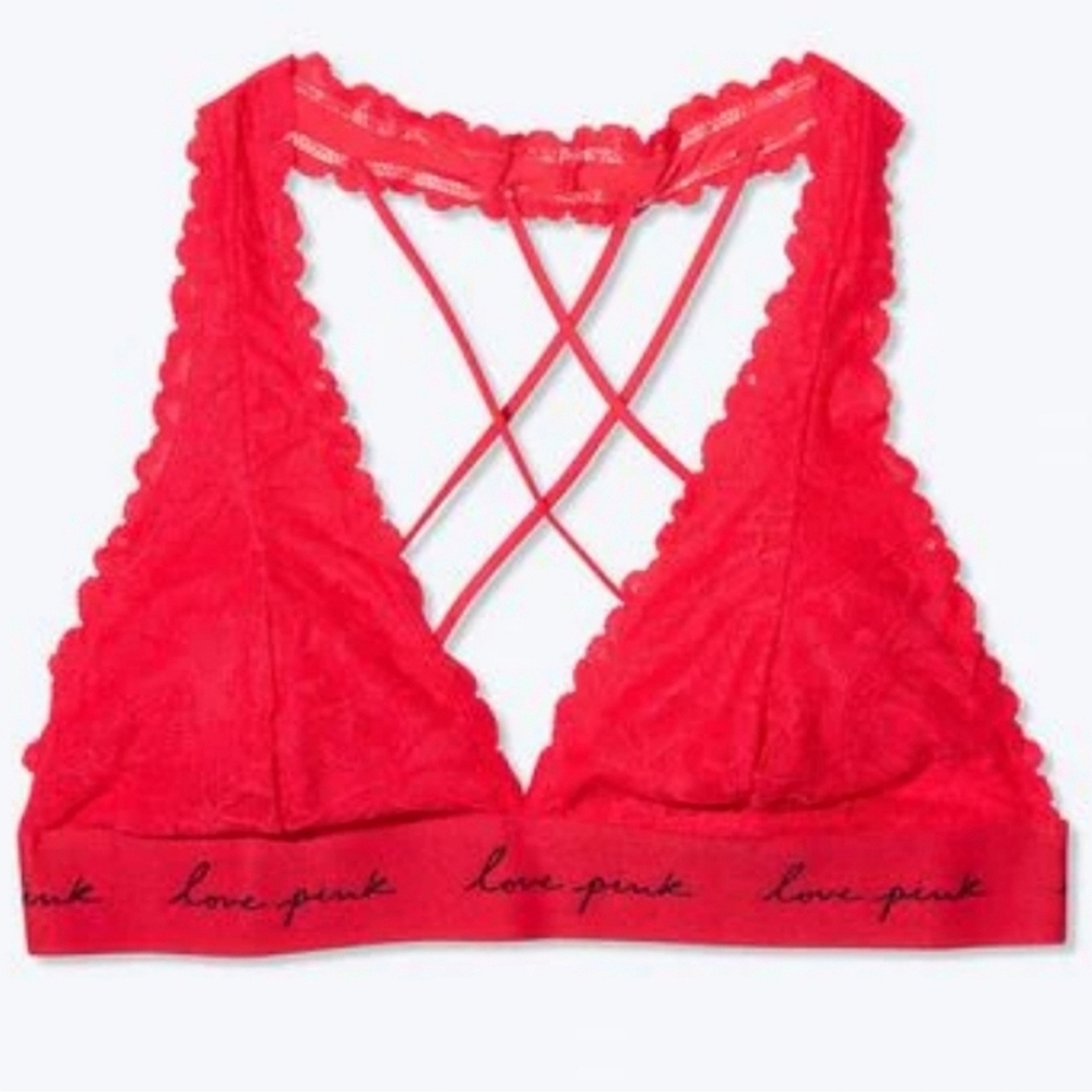 PINK Victoria's Secret Red Floral Lace Halter Neck Bralette Size Medium